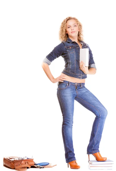 Denim fashion. Full length student girl in blue jeans bag books — Stock Photo, Image