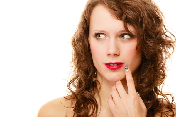 Retrato mulher muito pensativo cabelo encaracolado isolado — Fotografia de Stock