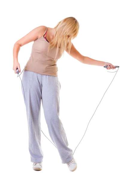 Sport girl fitness woman doing exercise with skip jump rope isolated — Stock Photo, Image