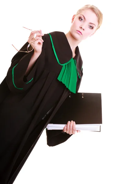 Young female lawyer attorney wearing classic polish black green gown — Stock Photo, Image
