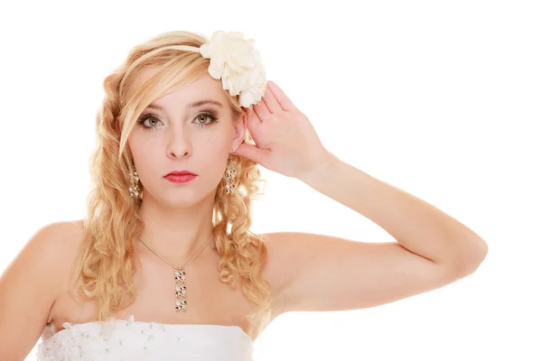 Wedding. Bride girl with hand behind ear listening — Stock Photo, Image