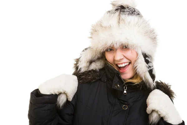 Winter vacation. Cheerful girl in warm clothes. — Stock Photo, Image