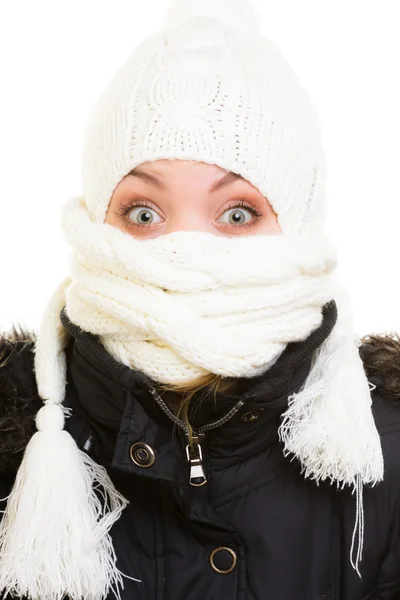 Winter vacation. Girl covering face with scarf. — Stock Photo, Image