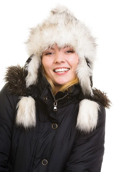 Winter vacation. Cheerful girl in warm clothes. — Stock Photo, Image