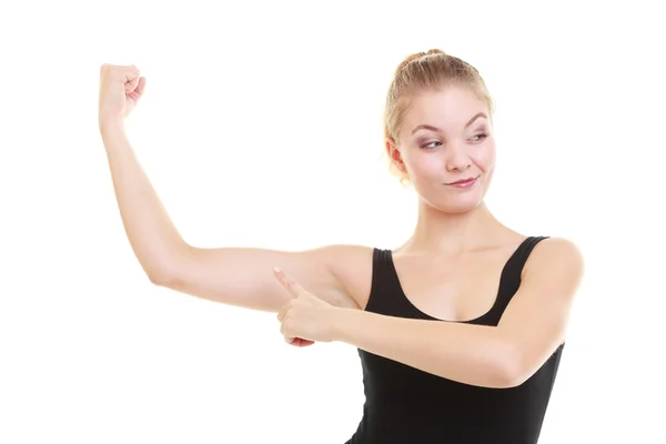 Fitness woman showing energy flexing biceps — Stock Photo, Image