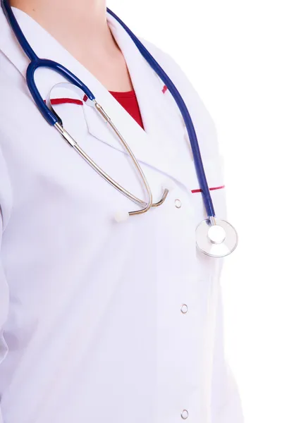 Deel vrouwelijk lichaam in laboratoriumjas. arts verpleegster met stethoscoop geïsoleerd — Stockfoto