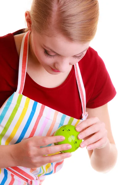 Housewife or chef in kitchen apron using apple timer isolated — Stock Photo, Image