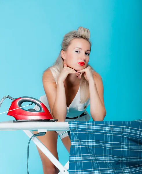 Sexy girl retro style ironing male shirt, woman housewife in domestic role. — Stock Photo, Image