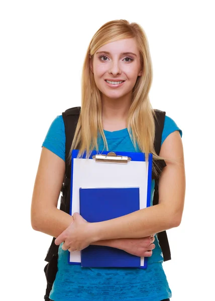 Casual girl female student with bag backpack notebook book isolated — Stock Photo, Image