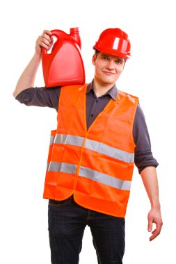 Man worker in safety vest and hard hat with canisters clipart