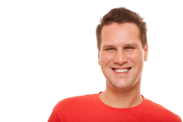 Portrait of handsome young man red t-shirt  isolated — Stock Photo, Image