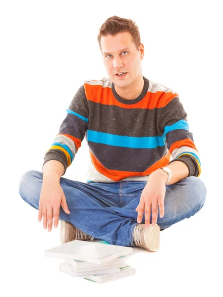 Exhausted tired college student with pile of books studying for exam — Stock Photo, Image