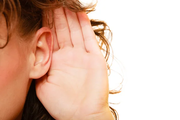 Part of head woman with hand to ear listening — Stock Photo, Image