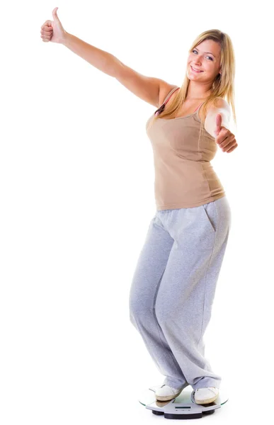 Woman plus size on scale celebrating weightloss thumb up isolated — Stock Photo, Image