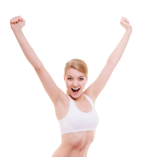 Apto fitness mulher esporte menina feliz celebrando o sucesso isolado — Fotografia de Stock