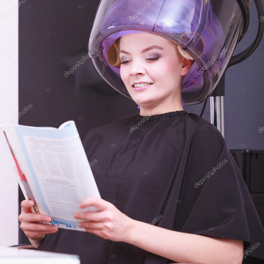 Girl Relaxing Reading Magazine Hairdryer By Hairstylist In Hair
