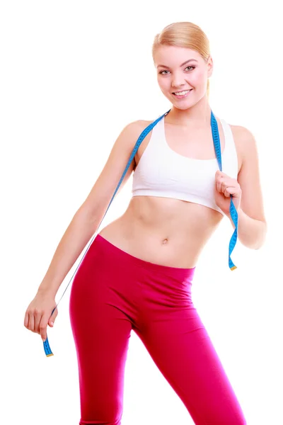 Ernährung. Fitness-Frau fit Mädchen mit blauem Maßband — Stockfoto