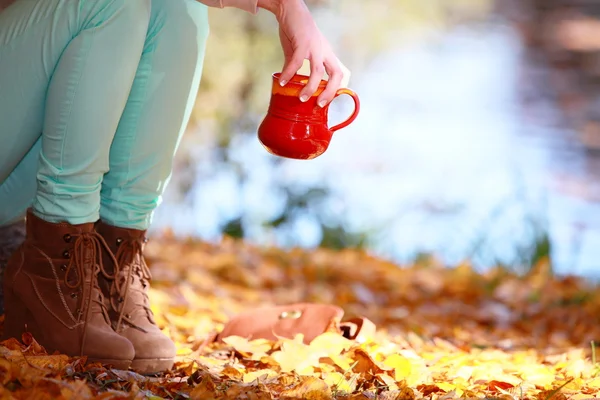 Menina relaxante no parque de outono desfrutando de bebida quente — Fotografia de Stock