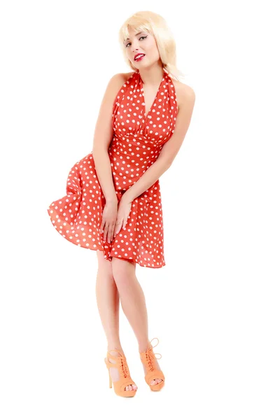 Full length beautiful pinup girl in blond wig retro red dress. Vintage. — Stock Photo, Image