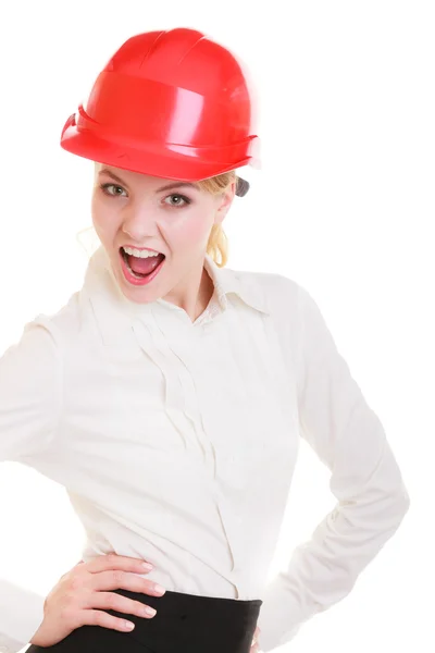 分離された赤い安全ヘルメットの女性エンジニアの女性建築家 — ストック写真