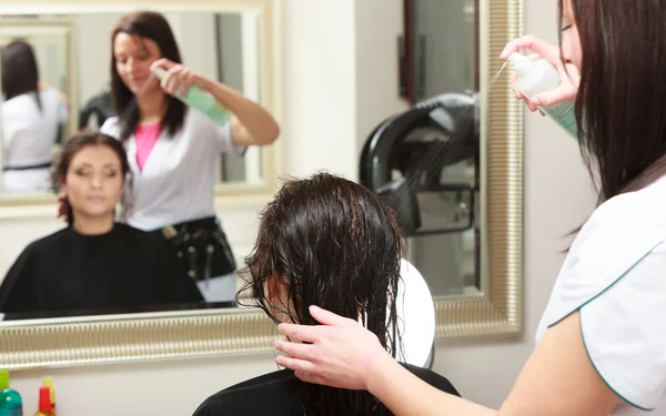 Hairstylist spraying hair woman client in hairdressing beauty salon — Stock Photo, Image