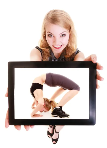 Girl showing tablet with fitness fit woman. — Stock Photo, Image