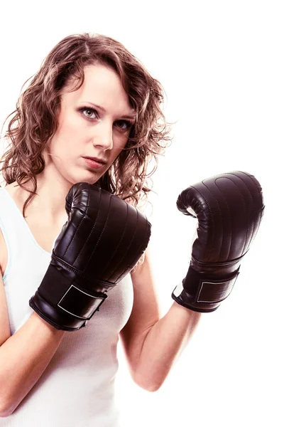 Esporte boxer mulher em luvas pretas . — Fotografia de Stock