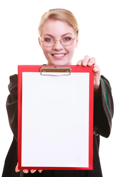 Woman lawyer attorney in classic polish gown holds clipboard blank sign — Stock Photo, Image