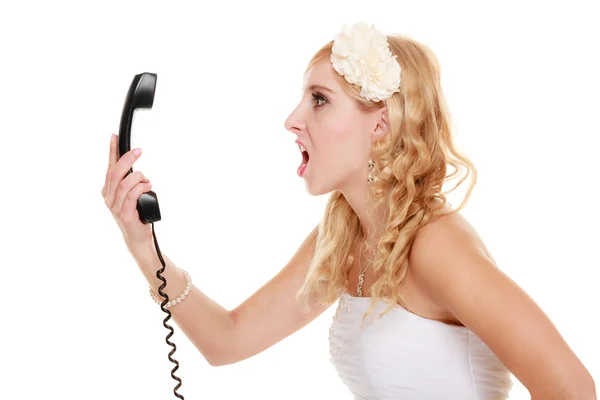 Angry woman fury bride talking on phone — Stock Photo, Image