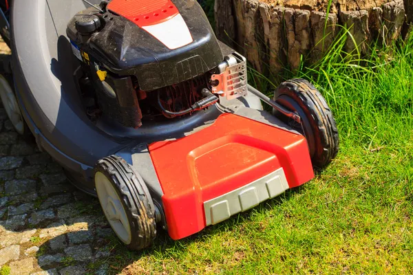 Jardinería. Cortando césped verde con cortacésped rojo — Foto de Stock