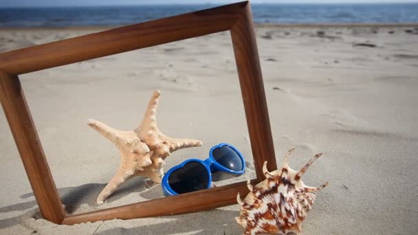 Concha, estrella de mar y gafas en marco de madera en la playa — Vídeos de Stock