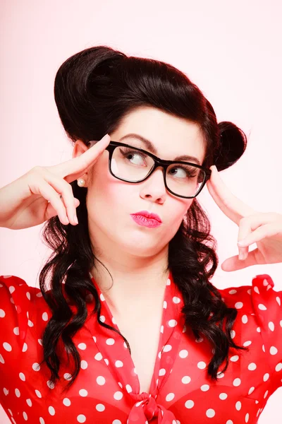 Pensive thoughtful pinup girl in eyeglasses — Stock Photo, Image