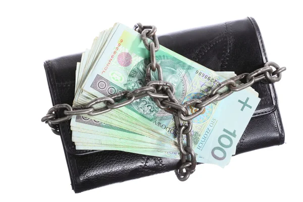 End of personal spending.  Purse polish banknote in chain — Stock Photo, Image