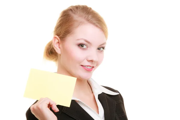 Businesswoman holding blank copy space card — Stock Photo, Image