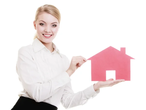 Business woman holding red paper house — Stock Photo, Image