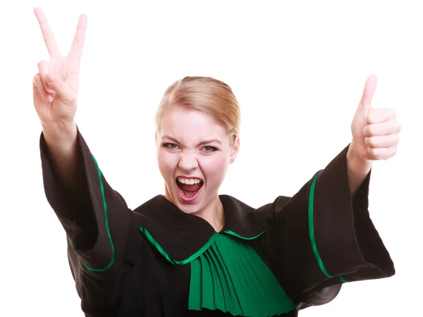 Young female lawyer attorney wearing classic polish black green gown — Stock Photo, Image