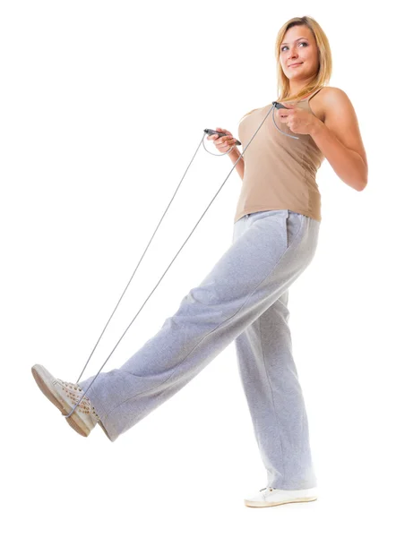 Sport fitness woman doing exercise with skip jump rope — Stock Photo, Image