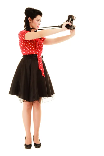 Pinup girl taking photo with vintage camera — Stock Photo, Image