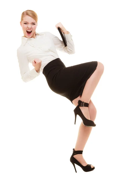 Happy businesswoman with success hand gesture — Stock Photo, Image