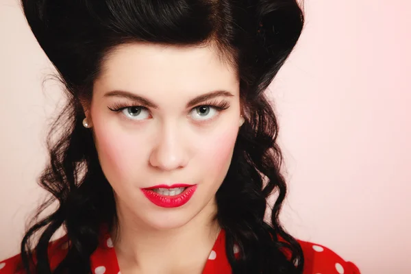 Portrait of woman girl with pinup hairstyle — Stock Photo, Image