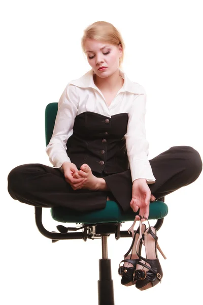 Tired businesswoman with leg pain — Stock Photo, Image