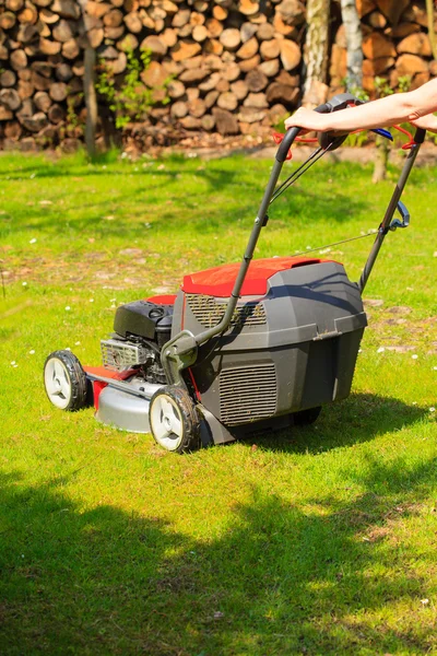 Slåtter grön gräsmatta med röda gräsklippare — Stockfoto