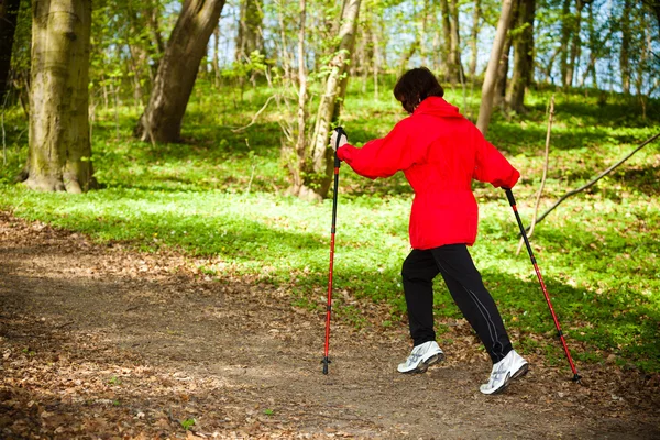 Frau wandert im Waldpark. — Stockfoto