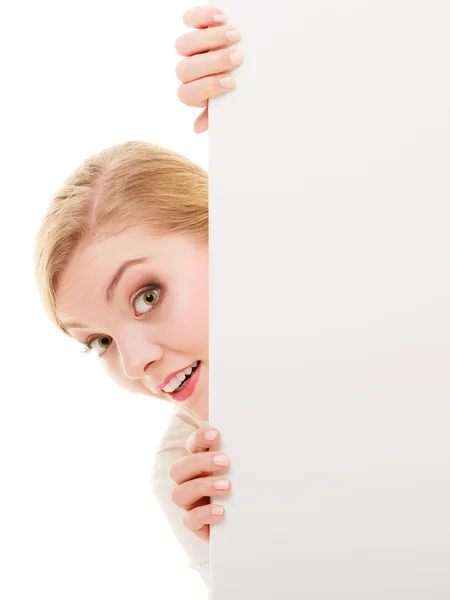 Businesswoman hiding behind blank copy space banner — Stock Photo, Image