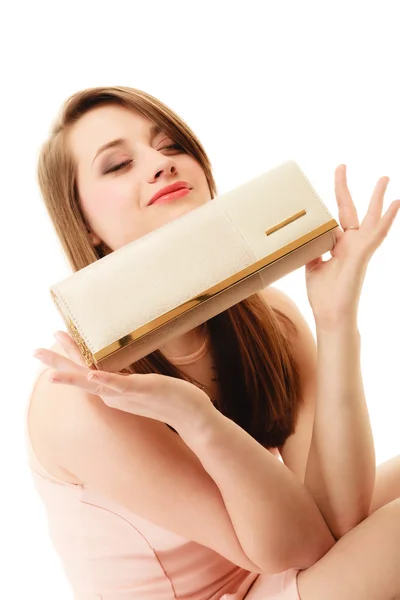 Portrait of girl showing elegant handbag — Stock Photo, Image