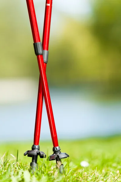 Rote Stöcke auf Gras im Park — Stockfoto