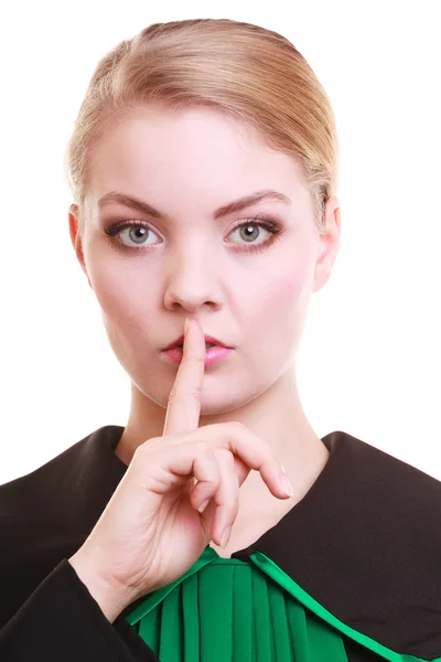 Woman lawyer attorney wearing classic polish gown asking for silence — Stock Photo, Image