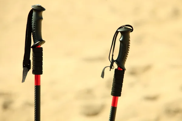 Nordic walking. sticks on a sandy beach — Stock Photo, Image