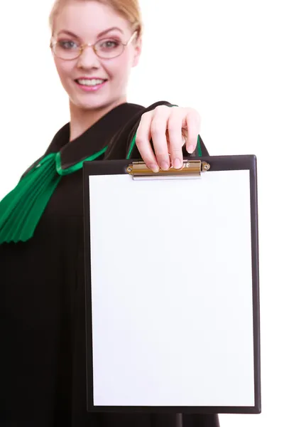 Woman lawyer attorney in classic polish gown holds clipboard blank sign — Stock Photo, Image