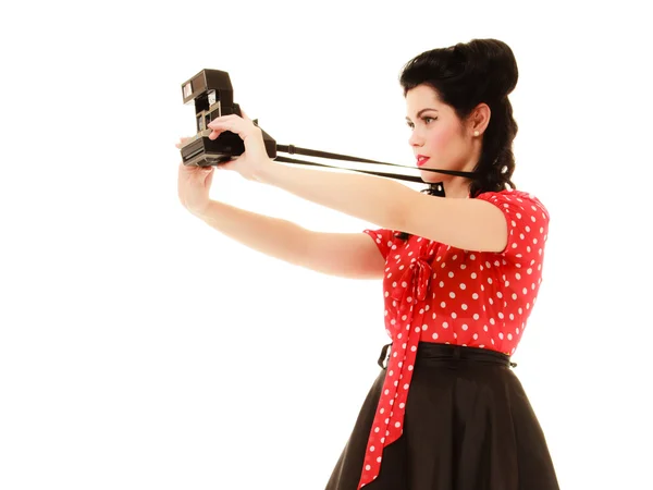 Pinup girl taking photo with vintage camera — Stock Photo, Image